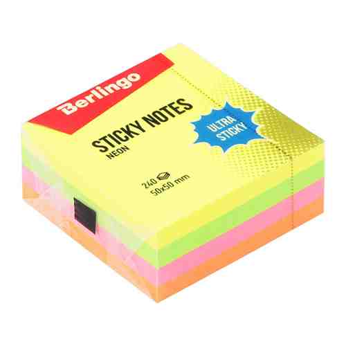 Блок для записей Berlingo Ultra Sticky самоклеящийся 4 неоновых цвета 50х50 мм 240 листов арт. 3512775