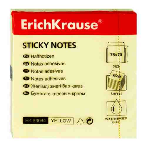 Блок для записей ErichKrause самоклеящийся желтый 100 листов 75х75 мм арт. 3370151