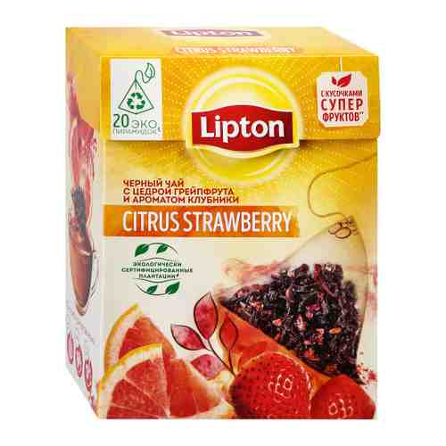 Чай Lipton Citrus Strawberry черный с цедрой грейпфрута и ароматом клубники 20 пирамидок по 1.6 г арт. 3516608