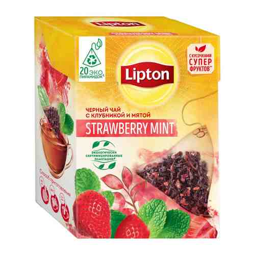 Чай Lipton Strawberry Mint черный с клубникой и мятой 20 пирамидок по 1.6 г арт. 3480352