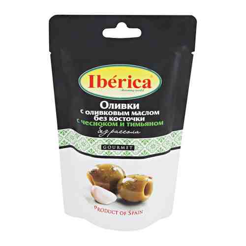 Оливки Iberica с оливковым маслом чесноком и тимьяном без косточки без рассола 70 г арт. 3404926