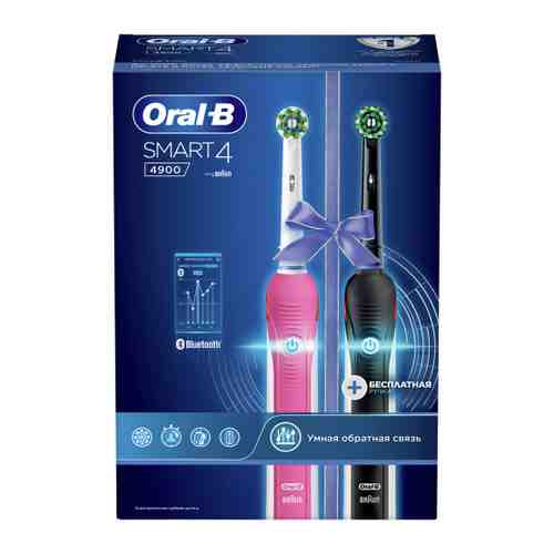 Электрическая зубная щетка Oral-B Smart 4 4900 черная розовая средняя жесткость арт. 3504876