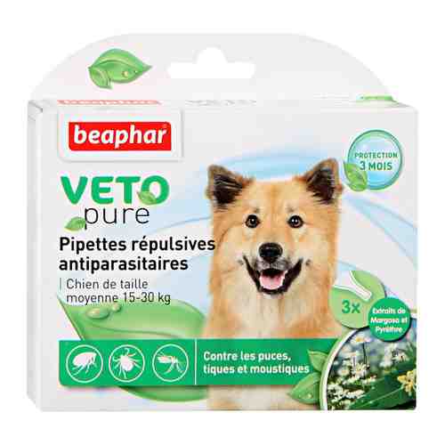 Капли Beaphar Veto Nature от блох клещей и комаров с экстрактом маргозы для собак средних пород 3 пипетки по 2 мл арт. 3400687