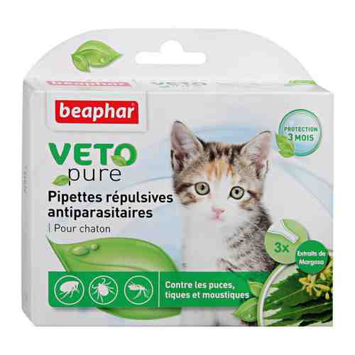Капли Beaphar Veto Pure от блох клещей и комаров с экстрактом маргозы для котят 3 пипетки по 0.4 мл арт. 3400689