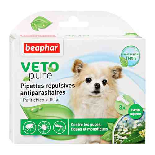Капли Beaphar Veto Pure от блох клещей и комаров с экстрактом маргозы для собак мелких пород 3 пипетки по 1 мл арт. 3400686