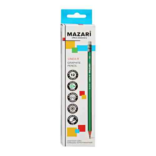 Карандаш чернографитный Mazari пластиковый Linea R HB с ластиком зеленый 12 штук арт. 3410164