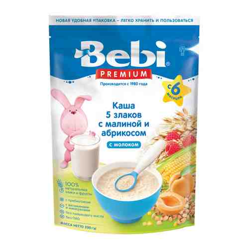 Каша Bebi Premium 5 злаков молочная малина абрикос с 6 месяцев 200 г арт. 3516517