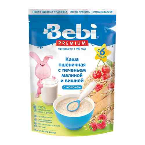 Каша Bebi Premium пшеничная молочная с печеньем малиной и вишней с 6 месяцев 200 г арт. 3516514