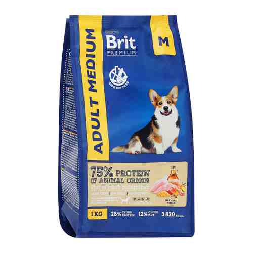 Корм сухой Brit Premium Dog Adult Medium полнорационный с курицей для взрослых собак средних пород 10–25 кг 1 кг арт. 3518981