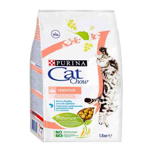 Корм сухой Cat Chow с домашней птицей и лососем при чувствительном пищеварении для взрослых кошек 1.5 кг арт. 3383527