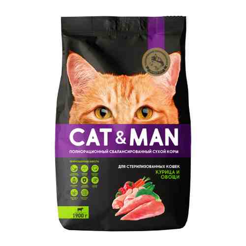 Корм сухой Cat&Man полнорационный с курицей и овощами для взрослых стерилизованных кошек 1.9 кг арт. 3477008