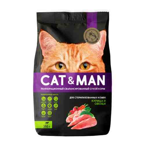 Корм сухой Cat&Man полнорационный с курицей и овощами для взрослых стерилизованных кошек 350 г арт. 3477035