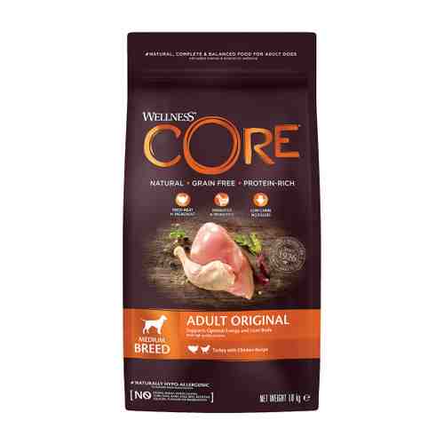 Корм сухой Wellness Core из индейки с курицей для взрослых собак средних пород 1.8 кг арт. 3421233