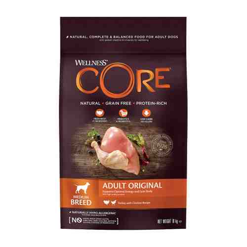 Корм сухой Wellness Core из индейки с курицей для взрослых собак средних пород 10 кг арт. 3421234