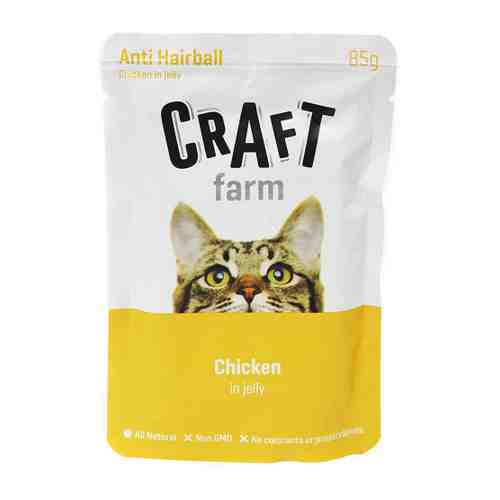 Корм влажный Craft Farm Anti Hairbal в желе с курицей для взрослых кошек 85 г арт. 3415379