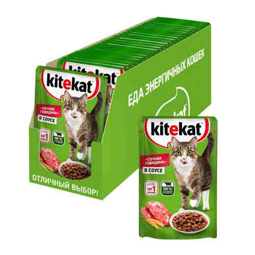 Корм влажный Kitekat Сочная говядина в соусе со вкусом говядины для кошек 28 штук по 85 г арт. 3395425