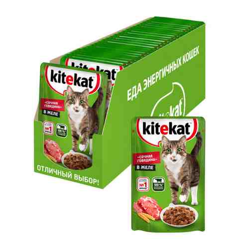 Корм влажный Kitekat Сочная говядина в желе со вкусом говядины для кошек 28 штук по 85 г арт. 3395424