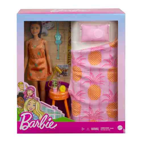 Кукла Mattel Barbie брюнетка в платье в спальне с кроватью арт. 3481923