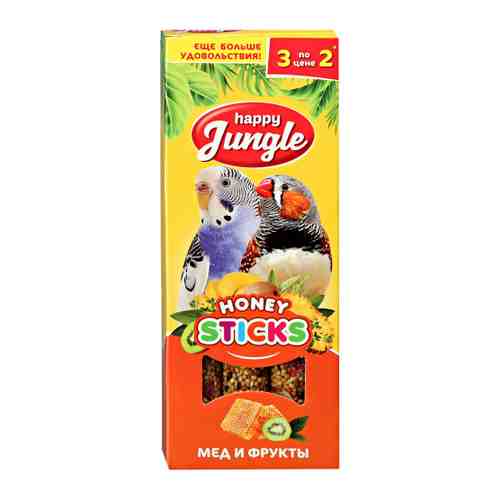 Лакомство Happy Jungle палочки мед+фрукты для попугаев и декоративных птиц 3 штуки по 90 г арт. 3451995