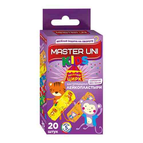 Лейкопластырь Master Uni Kids бактерицидный на полимерной основе с рисунками 20 штук арт. 3471982
