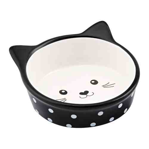 Миска КерамикАрт керамическая Мордочка кошки черная в горошек для кошек 250 мл арт. 3474730