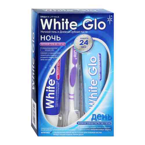 Набор White Glo зубная паста дневная 100 мл ночной гель 85 мл зубная щетка фиолетовая арт. 3504767