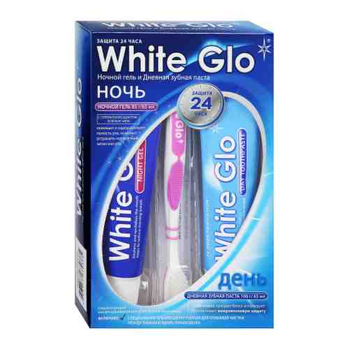Набор White Glo зубная паста дневная 100 мл ночной гель 85 мл зубная щетка розовая арт. 3504760