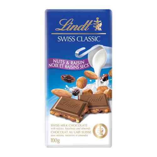 Шоколад Lindt Swiss Classic молочный с изюмом фундуком и миндалем 100 г арт. 3406226