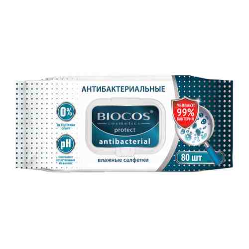 Влажные салфетки BioCos антибактериальные с пластиковым клапаном 80 штук арт. 3519676