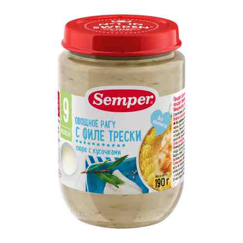 Пюре Semper овощное рагу филе трески без сахара с 9 месяцев 190 г арт. 3382962