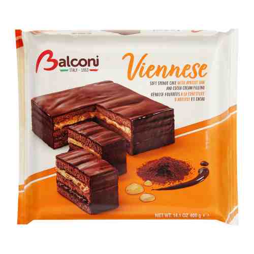 Торт Balconi бисквитный Венский с начинкой из какао абрикоса и в какао глазури 400 г арт. 3447918
