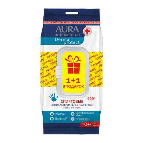 Влажные салфетки Aura Derma Protect антибактериальные спиртовые 40+40 штук арт. 3410575