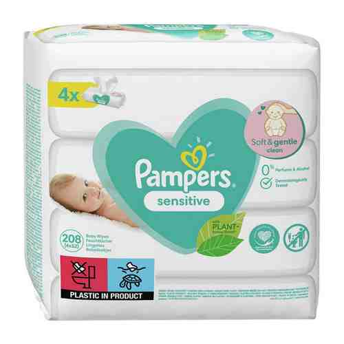 Влажные салфетки детские Pampers Sensitive 4 упаковки по 52 штуки арт. 3372678