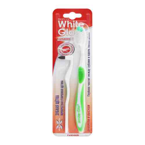 Зубная щетка White Glo Flosser и ластик для удаления налета с утонченной щетиной средняя жесткость зеленая арт. 3504772