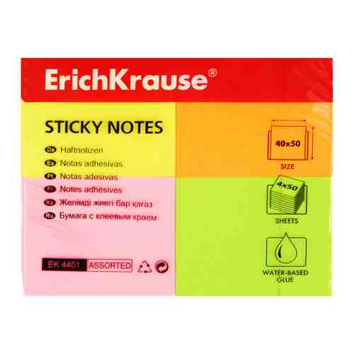 Блок для записей ErichKrause Neon самоклеящийся 4 цвета 200 листов 40х50 мм арт. 3417122