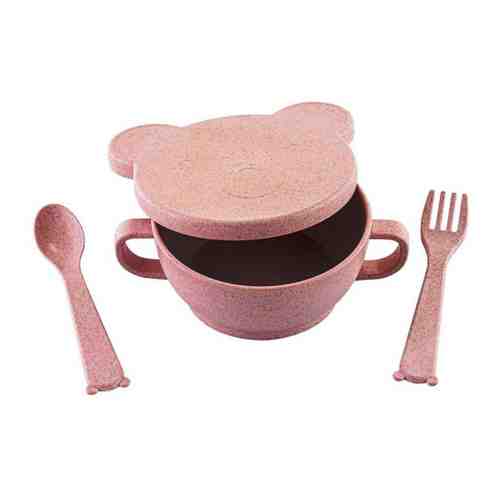 Набор экопосуды детский Little Angel Bear от 6 месяцев розовый 4 предмета (миска с крышкой ложка и вилка) арт. 3395988