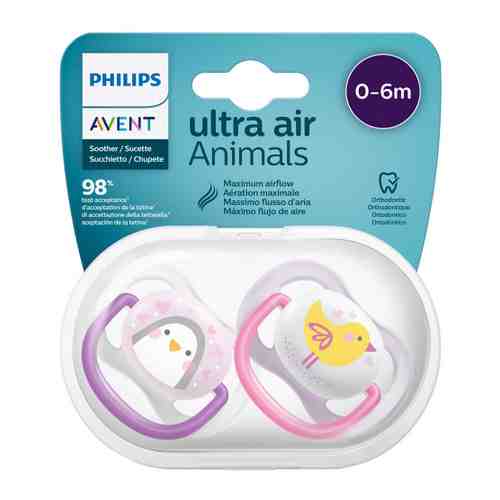 Пустышка Philips Avent Ultra Air Lime для девочек от 0 до 6 месяцев 2 штуки (пингвин птичка) арт. 3518306