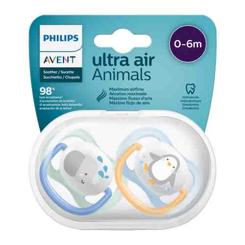 Пустышка Philips Avent Ultra Air Lime для мальчиков от 0 до 6 месяцев 2 штуки (слон и пингвин) арт. 3518296