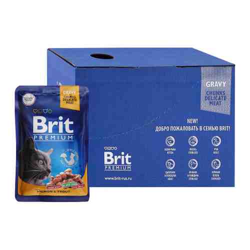 Корм влажный Brit Premium лосось и форель для взрослых кошек 14 штук по 85 г арт. 3519685
