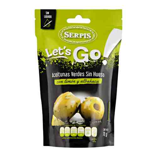 Оливки Serpis зеленые c оливковым маслом лимоном и базиликом без косточки 70 г арт. 3481145